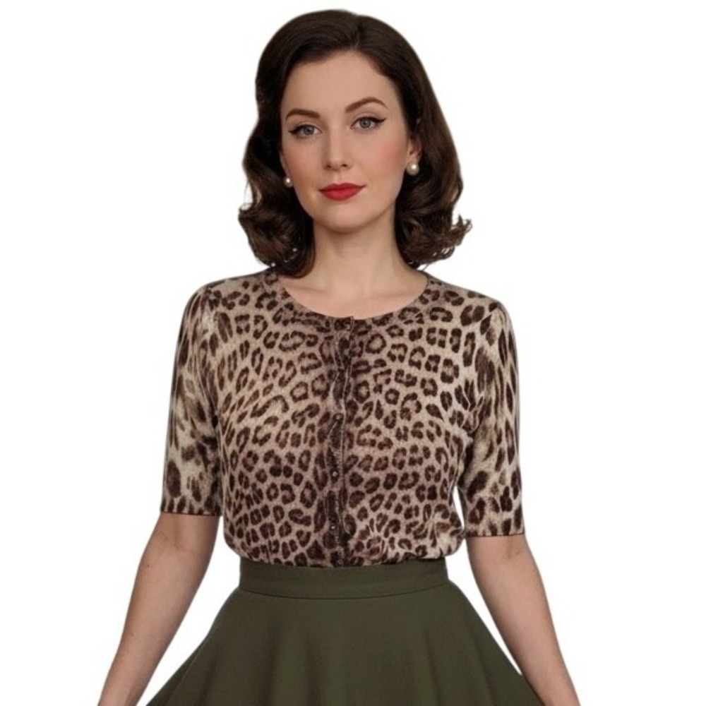 Talbots Animal Print Short‎ Sleeve Cardigan Sweater Petite Size S Leopard Retro